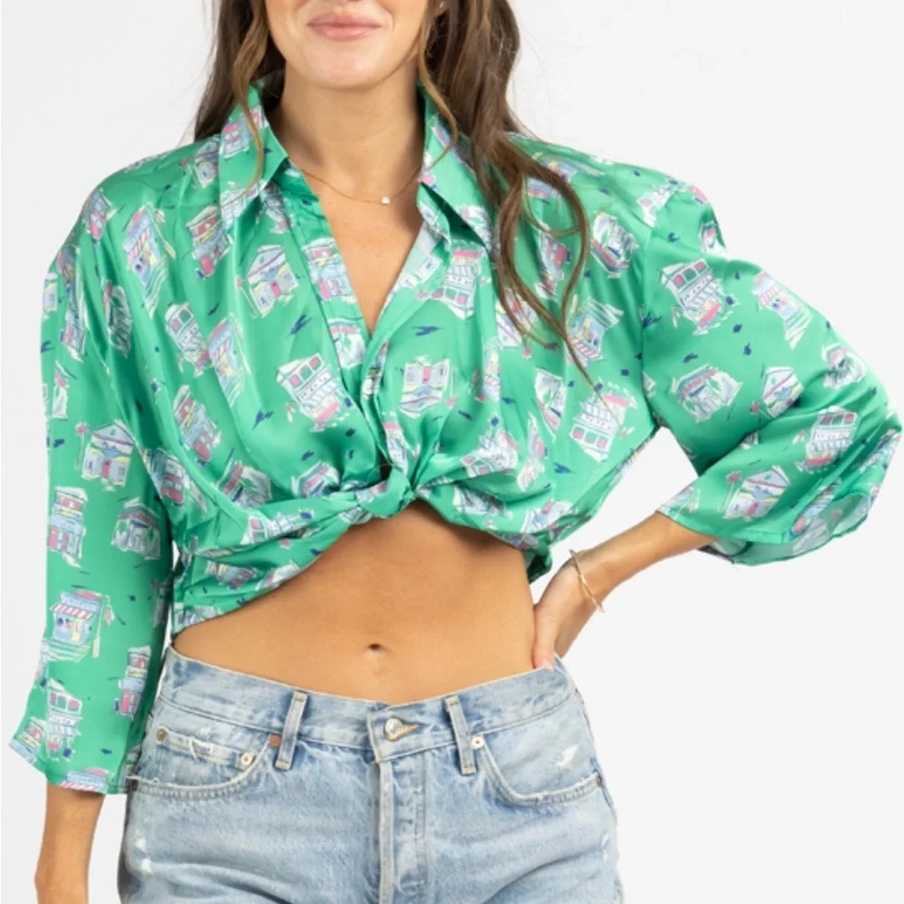 Zara Green Button Down Crop Top with Notched Collar - Picture 5 of 12